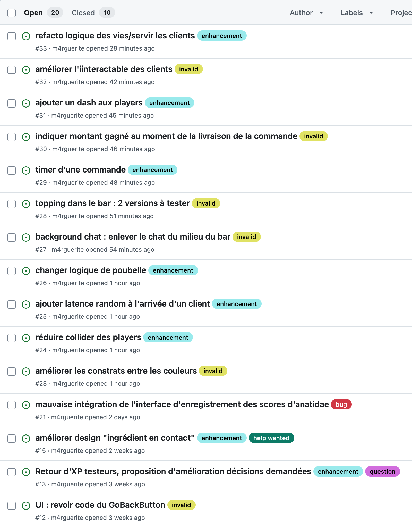 Mise à jour des issues